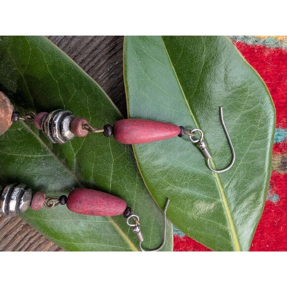 Vintage Wood Bead Dangle Earrings: Bohemian Earrings - Picture 12 of 13